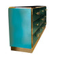 Bespoke Italian Art Deco Brass & Emerald Blue-Green Art Glass 9-Drawer Dresser Sideboard