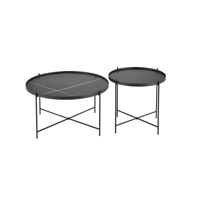 Haleta Coffee Table Set - 2 Black Round MDF Tables with Steel Base