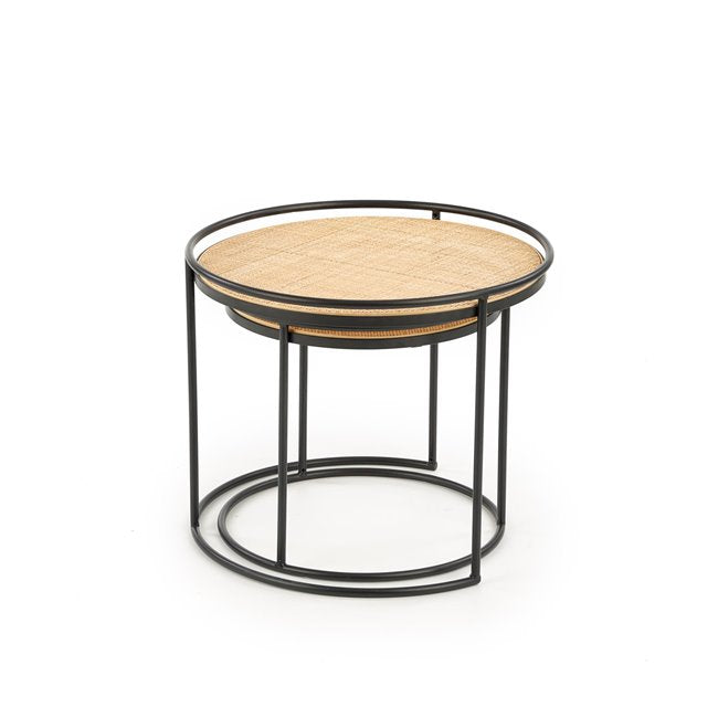 Hando Side Table Set – 2-Piece Black & Natural Steel and Rattan Tables