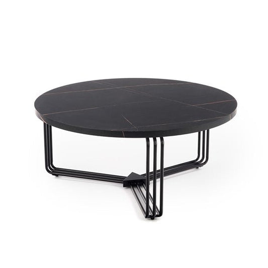 Hantica Black Marble Look Coffee Table – Round MDF Top with Steel Base