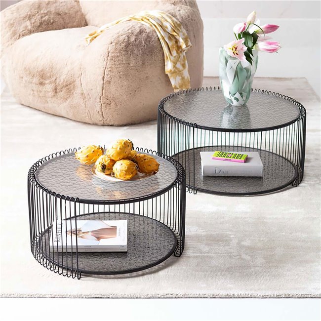 Nesting Coffee Table Set – Black Wire & Glass Design (Set of 2)