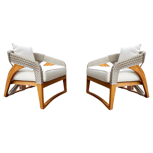 Outdoor Lounge Chairs – Set of 2 in Water-Based Teak with Hand-Woven Polyester Rope
