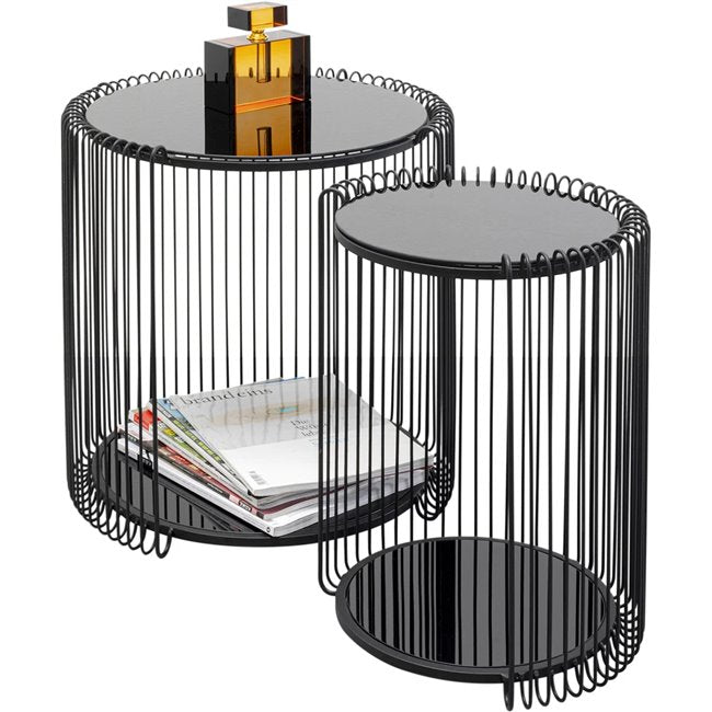 Wire Double Side Table Set – 2 Black Metal & Glass Tables