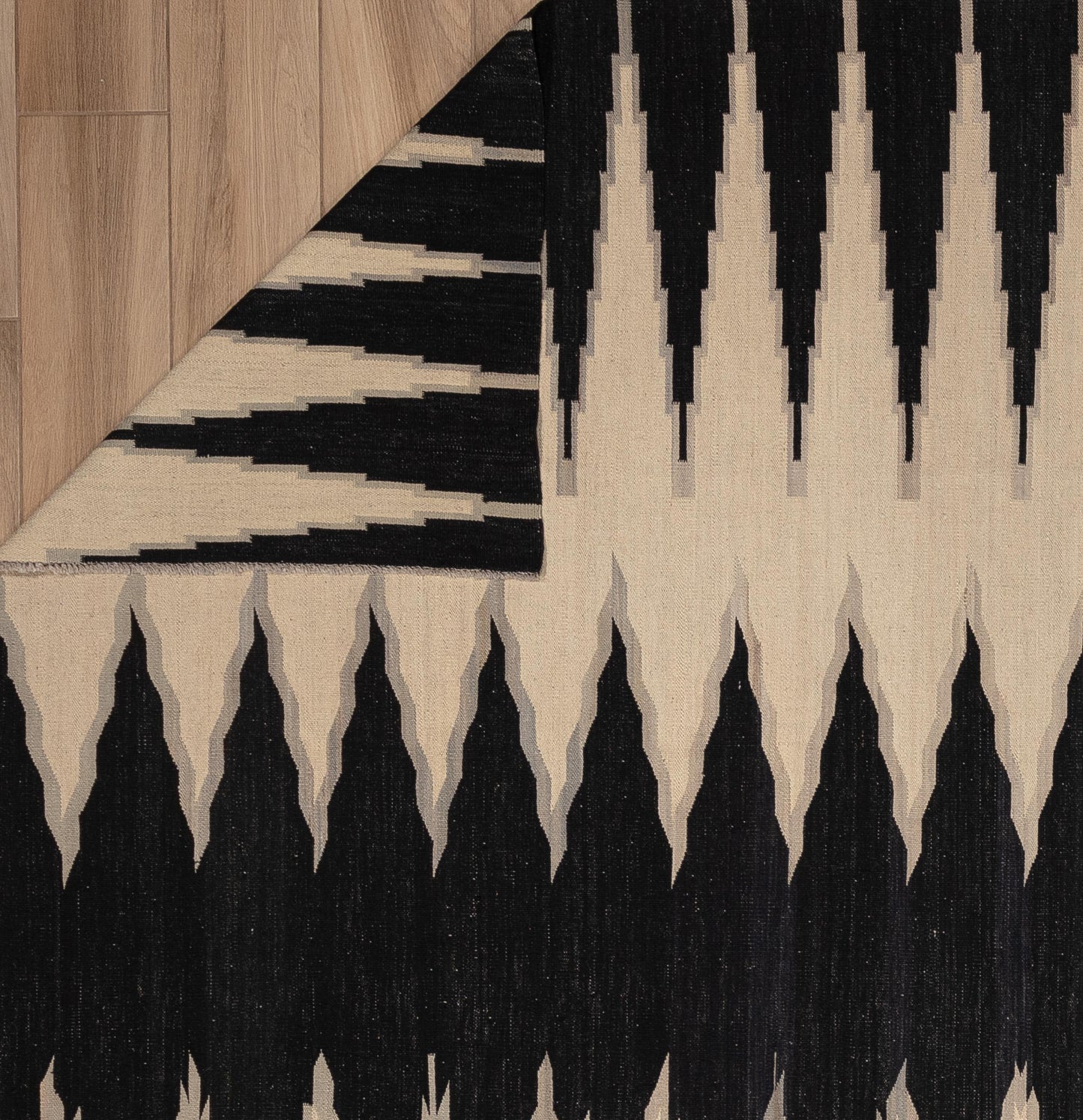 21st Century Modern Kilim Wool Rug – Black, Sand & Stone 254 x 284 cm