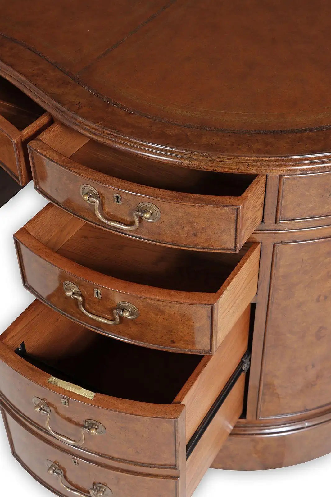 Burr Walnut Kidney Pedestal Desk with Leather Writing Surface