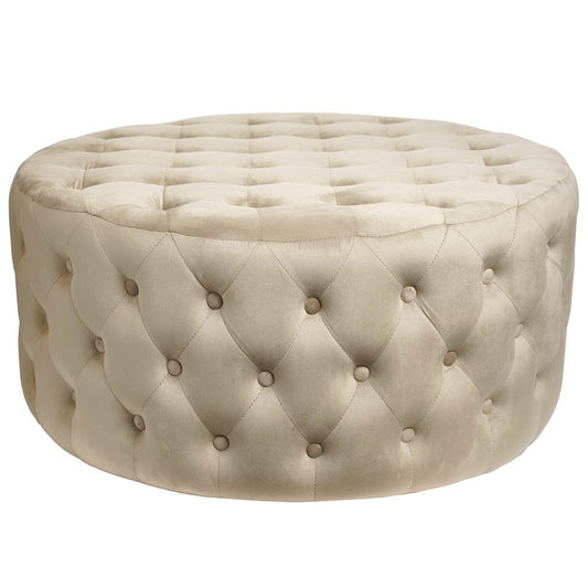 Lacelle Taupe Buttoned Round Stool – Plush Velvet Accent Ottoman