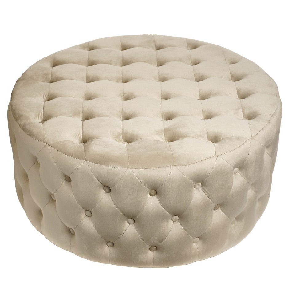 Lacelle Taupe Buttoned Round Stool – Plush Velvet Accent Ottoman