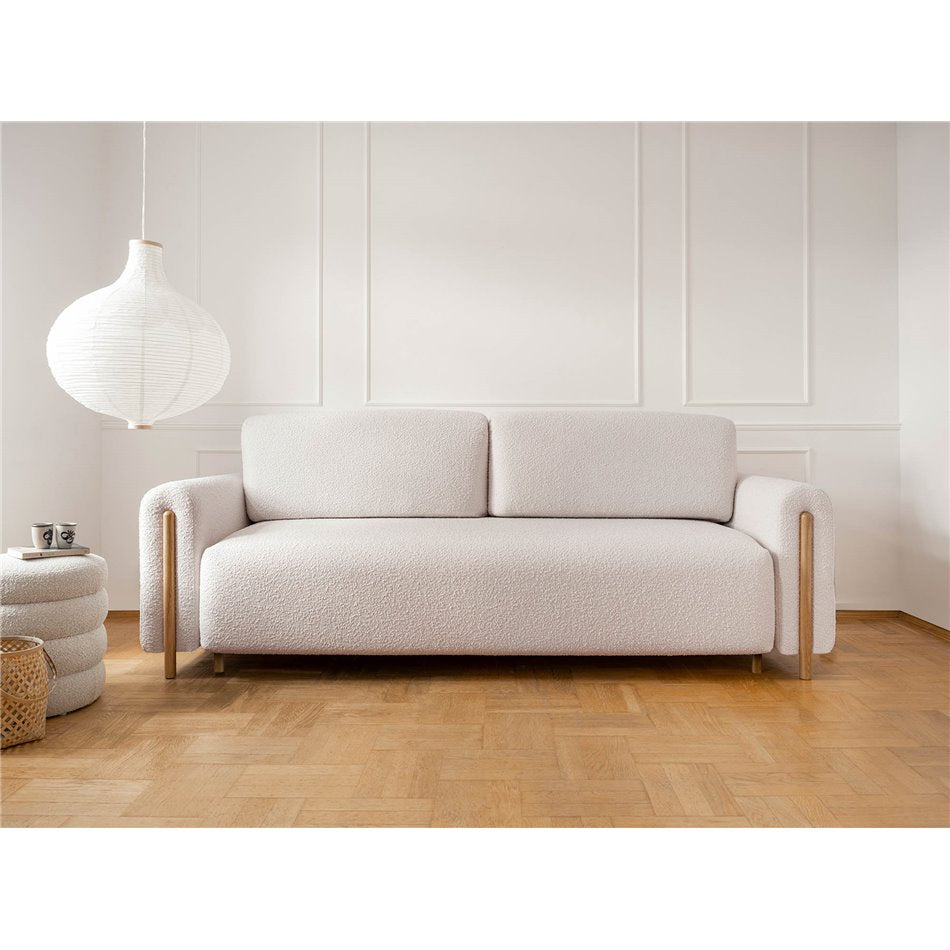 Modern Sofa Bed with Sleeping Function and Storage, Velvet Upholstery, Beige – Elcadova Oak