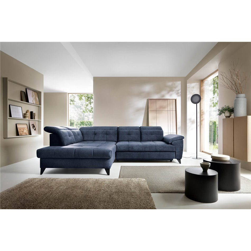 Modern L-Shaped Corner Sofa with Sleeping Function, Velvet Upholstery, Dark Blue
