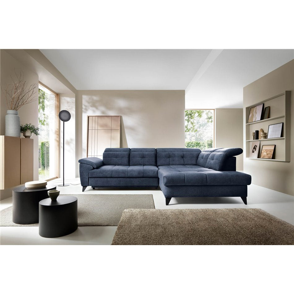 Modern L-Shaped Corner Sofa with Sleeping Function, Velvet Upholstery, Dark Blue – Elinferne R