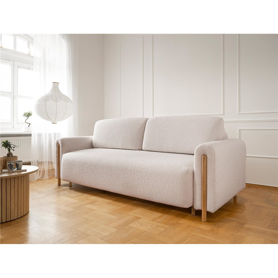 Modern Sofa Bed with Sleeping Function and Storage, Velvet Upholstery, Beige – Elcadova Oak