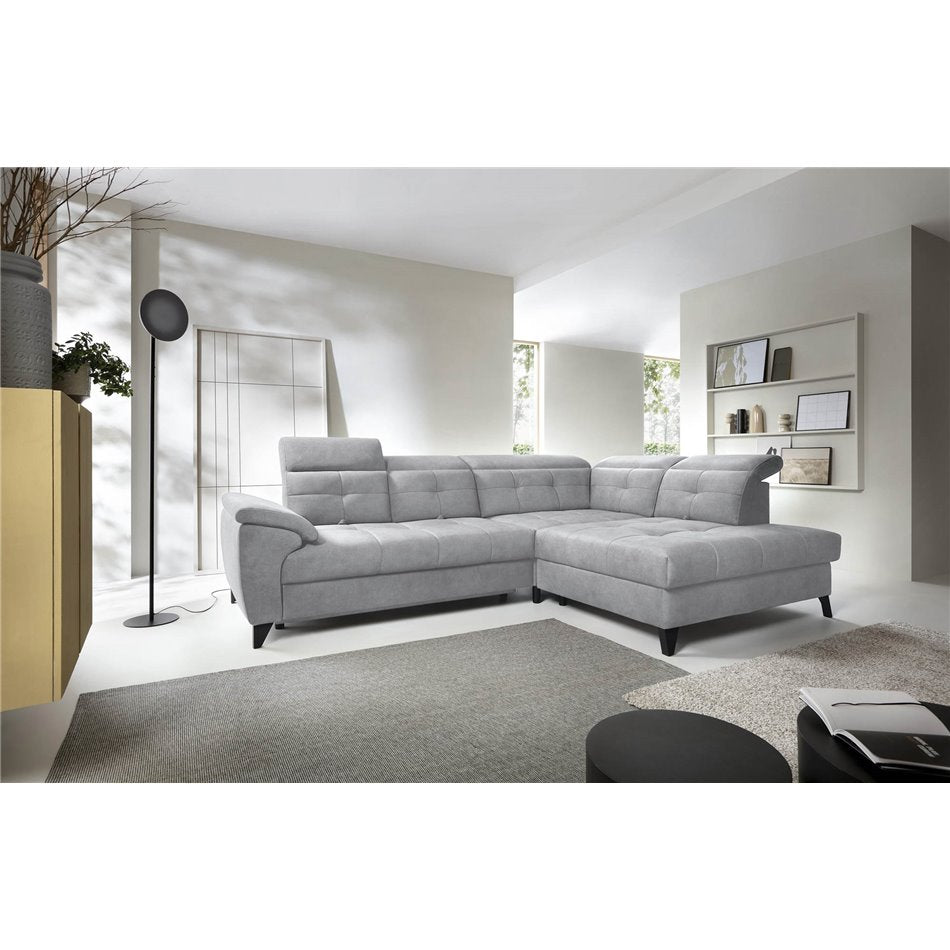 Modern L-Shaped Corner Sofa with Sleeping Function, Velvet Upholstery, Grey – Elinferne R