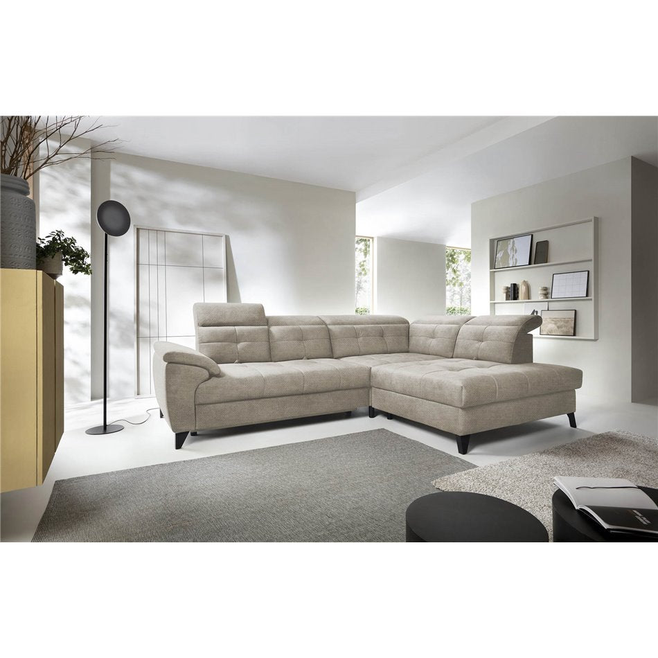 Modern L-Shaped Corner Sofa with Sleeping Function, Velvet Upholstery, Beige – Elinferne R