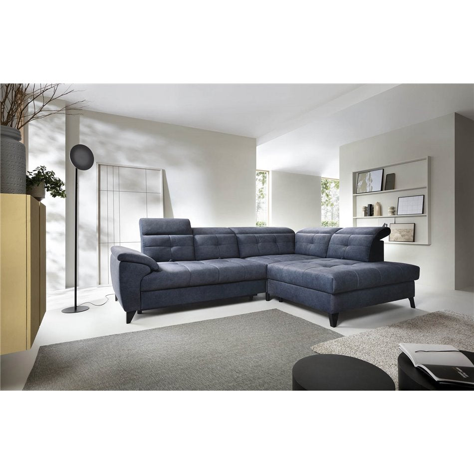 Modern L-Shaped Corner Sofa with Sleeping Function, Velvet Upholstery, Dark Blue – Elinferne R