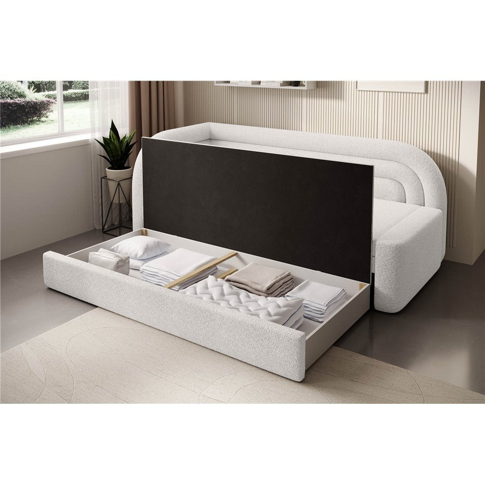 Modern L-Shaped Sofa Bed with Sleeping Function and Storage, Bouclé Upholstery, White – Elfabilo L