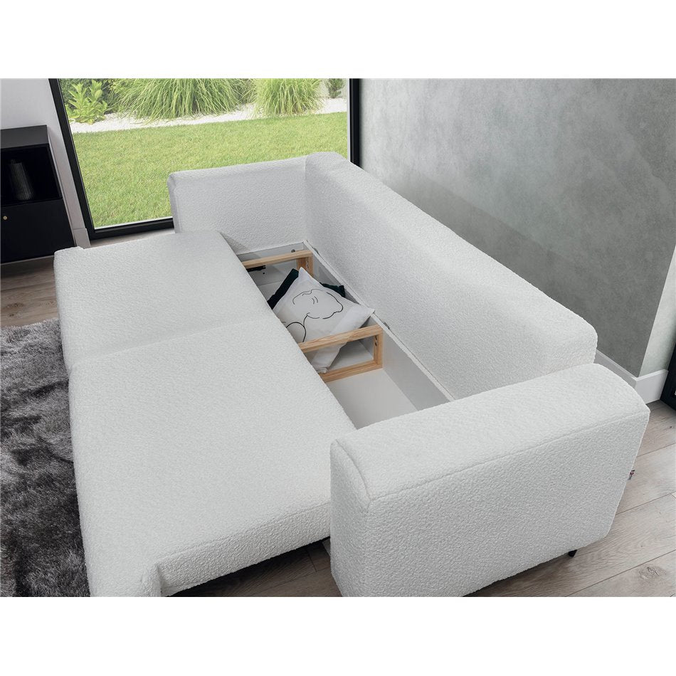 Scandinavian Sofa Bed with Sleeping Function, Bouclé Upholstery, White – Edalia