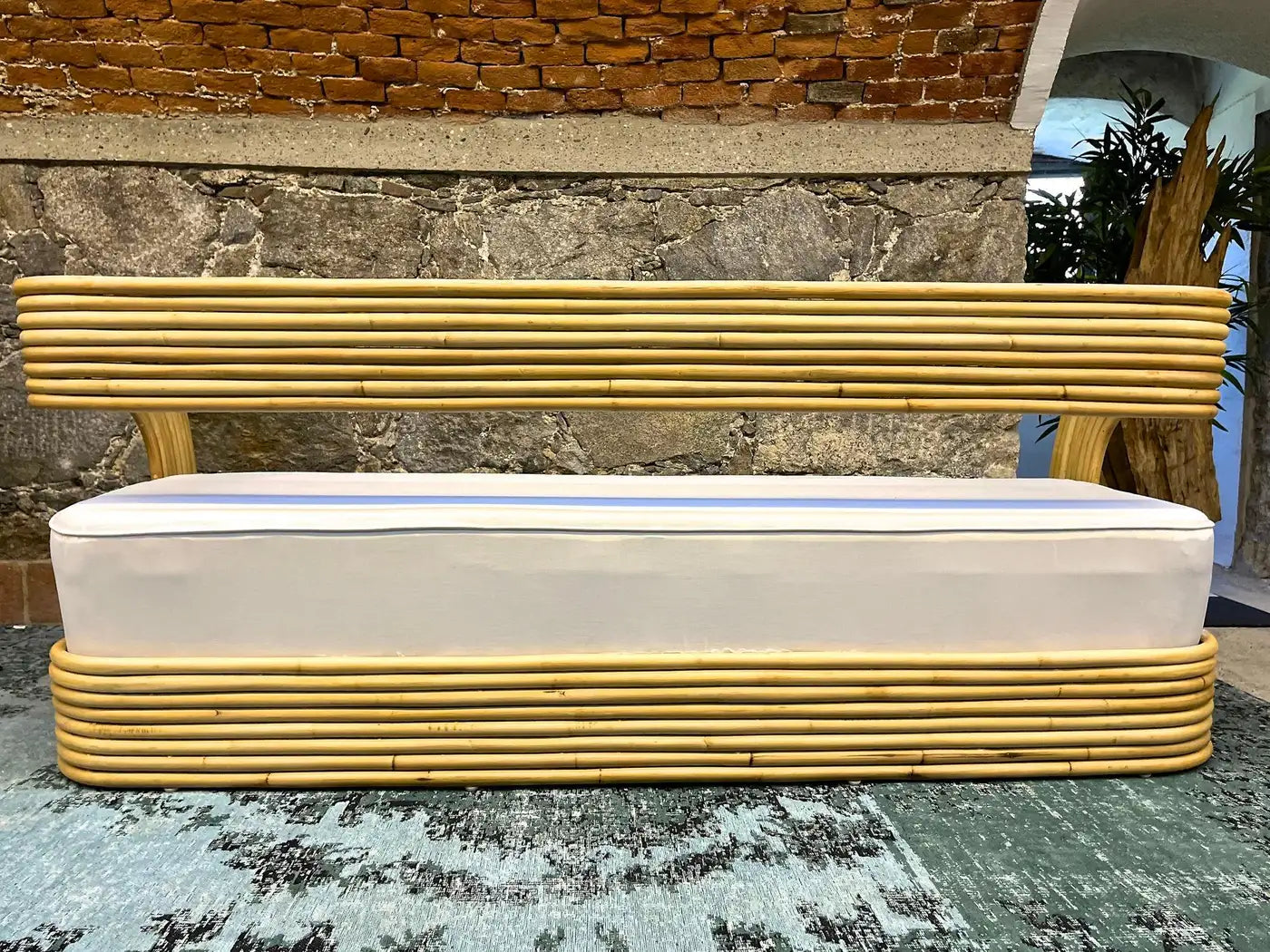 Modern Bamboo Bentwood Three Seat Sofa With White Seating Cushion