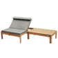 Wooden outdoor lounge chair with gray cushion on a white background