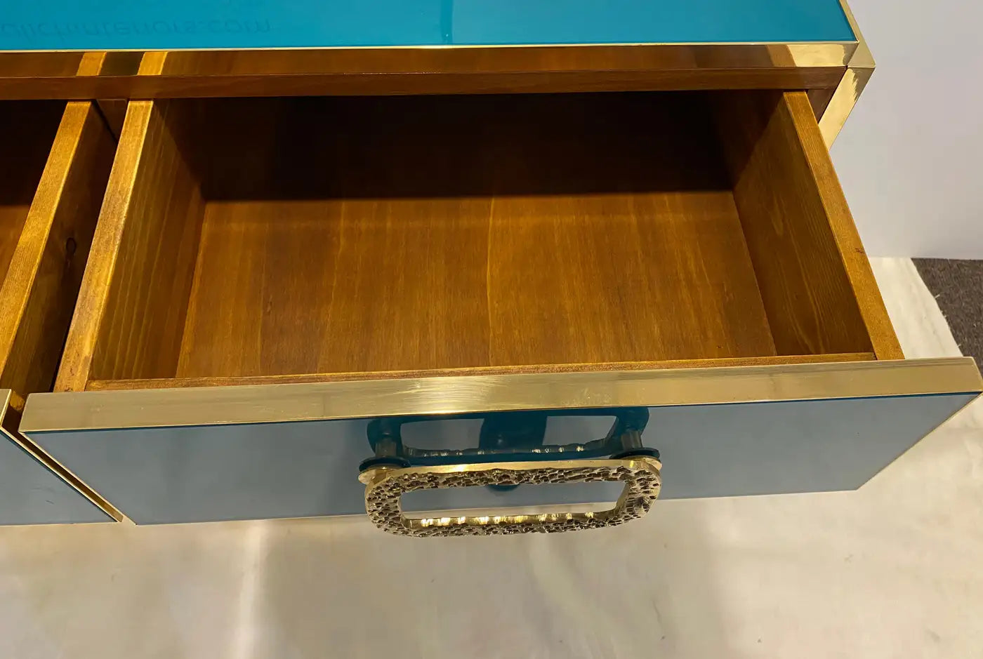Bespoke Italian Metallic Emerald Blue Glass & Brass Dresser Sideboard