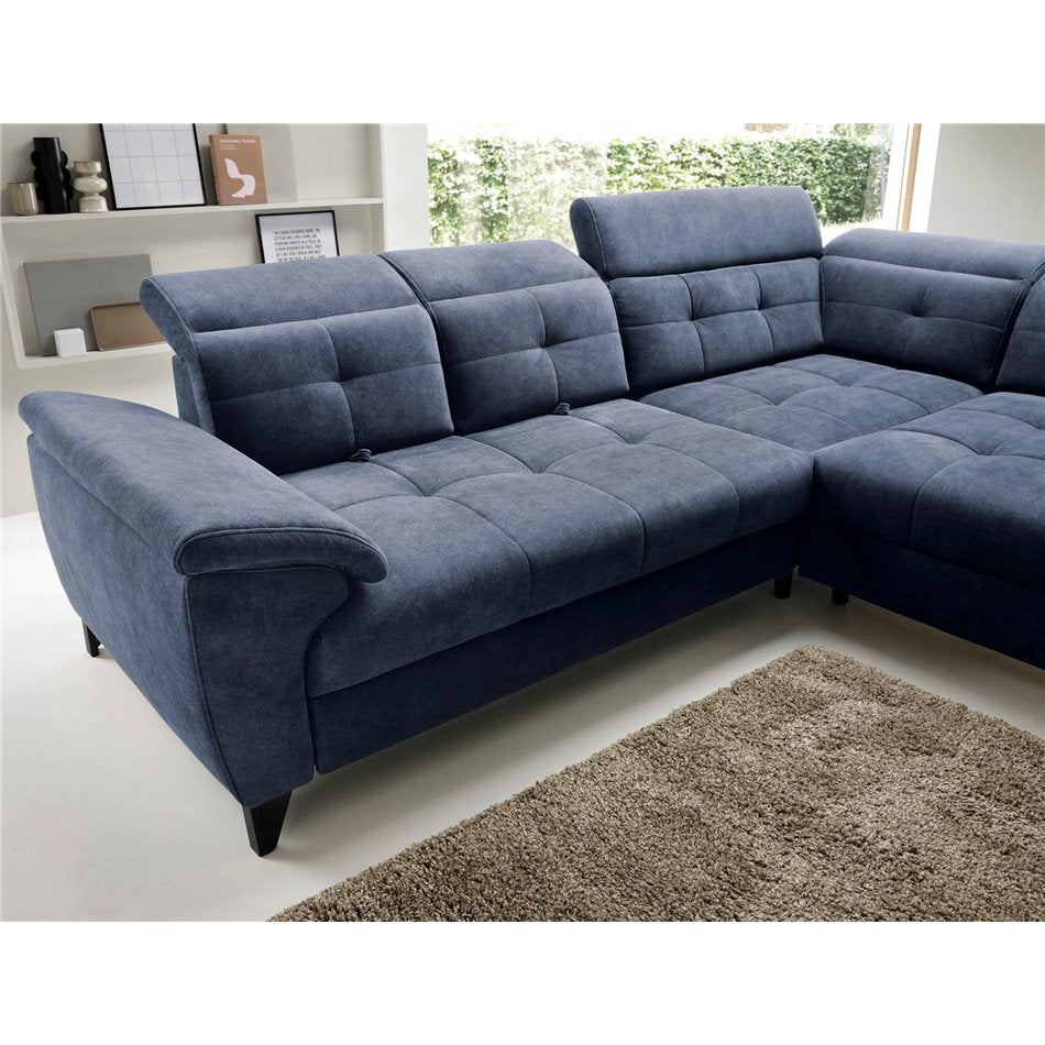 Modern L-Shaped Corner Sofa with Sleeping Function, Velvet Upholstery, Dark Blue – Elinferne R