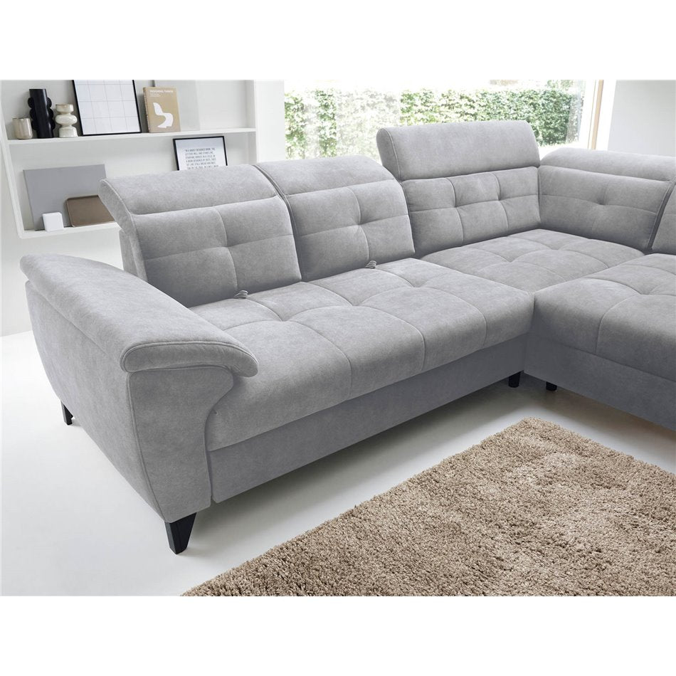 Modern L-Shaped Corner Sofa with Sleeping Function, Velvet Upholstery, Grey – Elinferne R