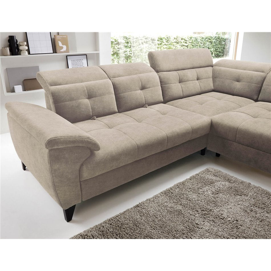 Modern L-Shaped Corner Sofa with Sleeping Function, Velvet Upholstery, Beige – Elinferne R