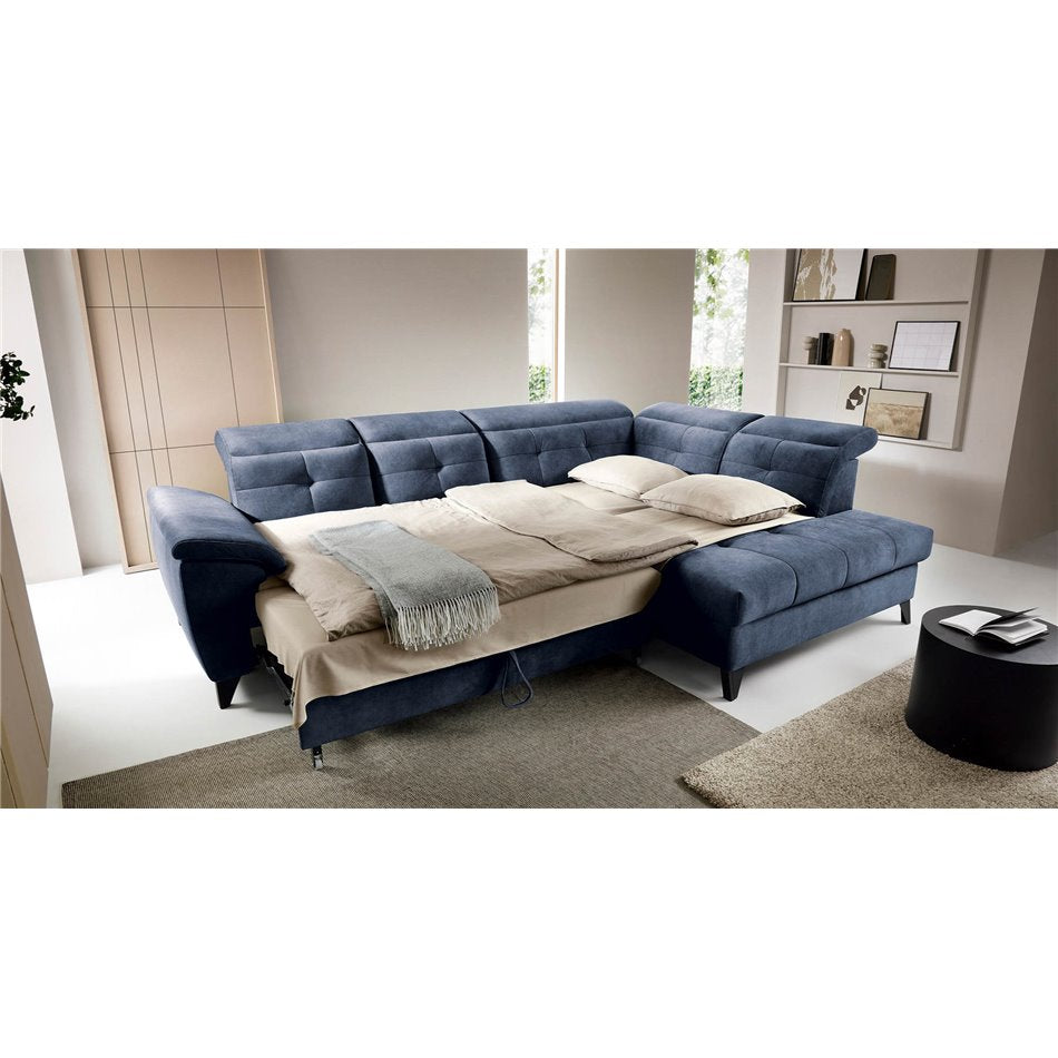 Modern L-Shaped Corner Sofa with Sleeping Function, Velvet Upholstery, Dark Blue – Elinferne R