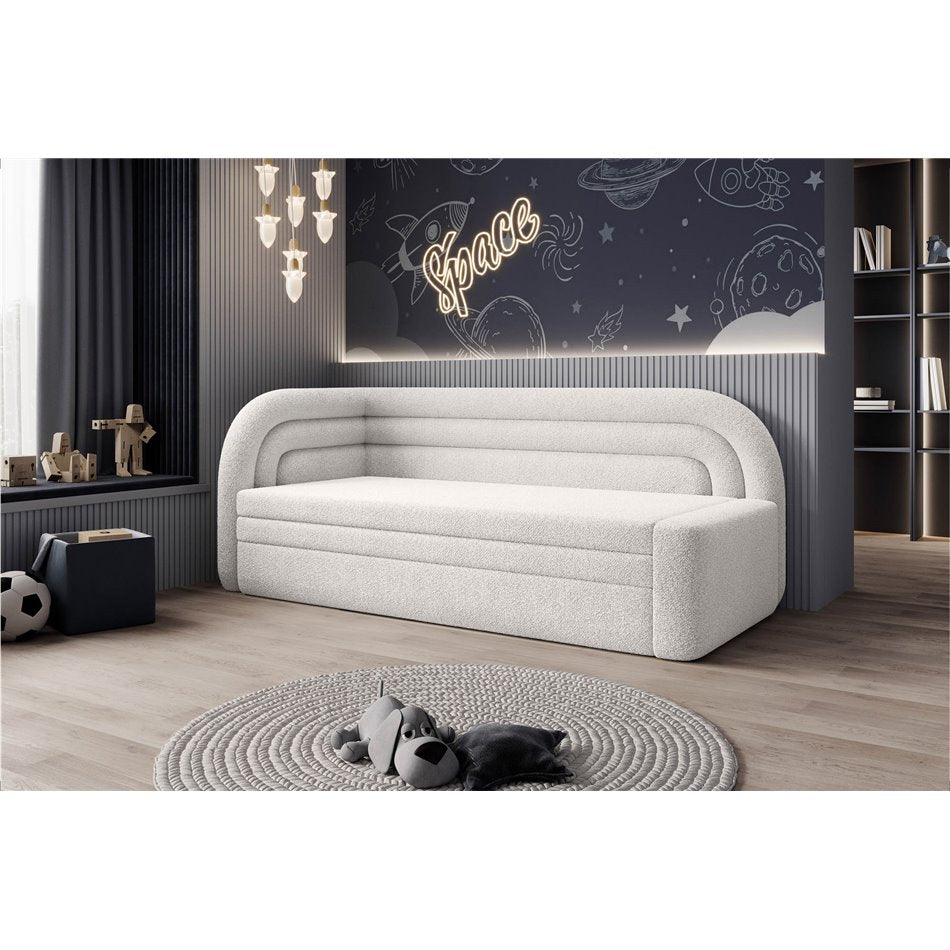 Modern L-Shaped Sofa Bed with Sleeping Function and Storage, Bouclé Upholstery, White – Elfabilo L