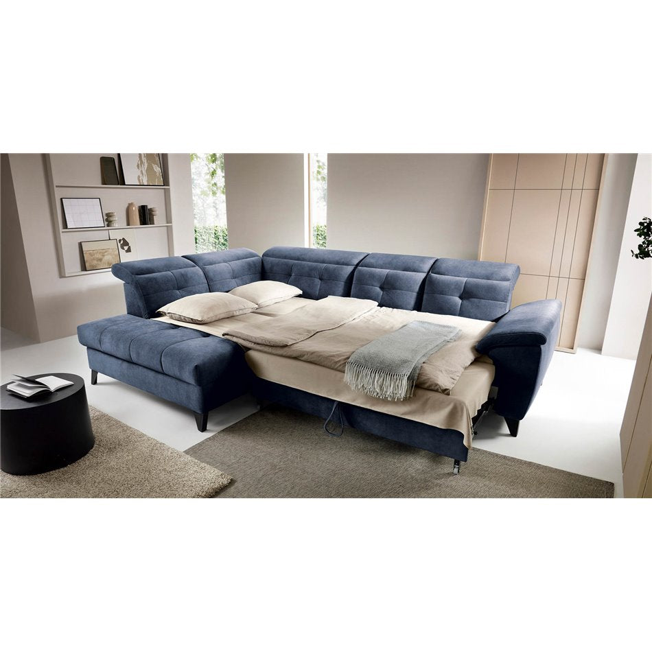 Modern L-Shaped Corner Sofa with Sleeping Function, Velvet Upholstery, Dark Blue