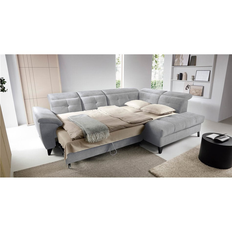 Modern L-Shaped Corner Sofa with Sleeping Function, Velvet Upholstery, Grey – Elinferne R