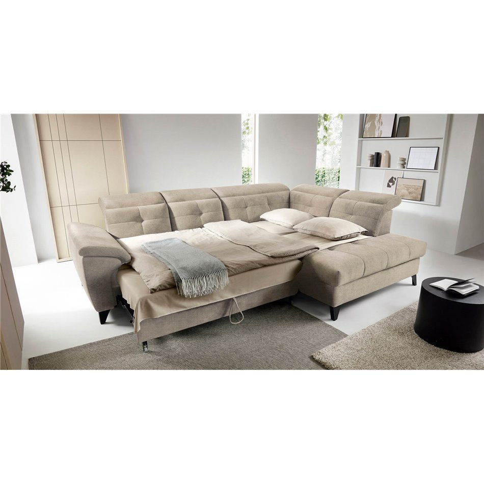 Modern L-Shaped Corner Sofa with Sleeping Function, Velvet Upholstery, Beige – Elinferne R