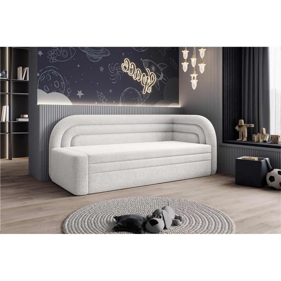 Modern L-Shaped Sofa Bed with Sleeping Function and Storage, Bouclé Upholstery, White – Elfabilo R