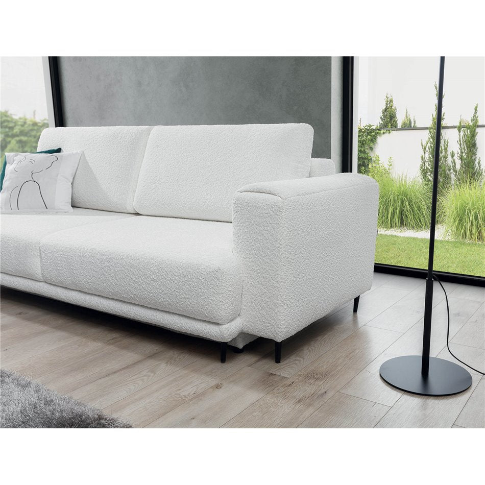 Scandinavian Sofa Bed with Sleeping Function, Bouclé Upholstery, White – Edalia