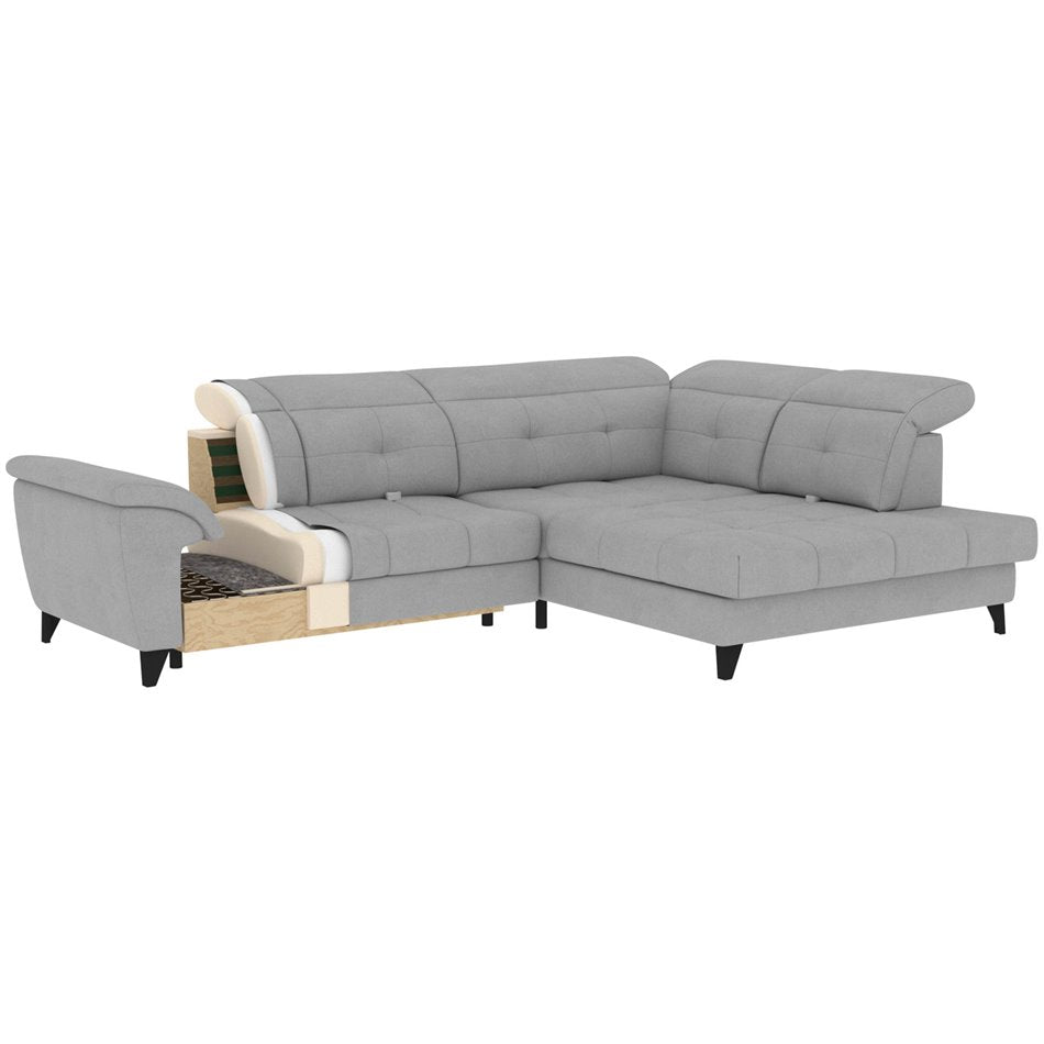 Modern L-Shaped Corner Sofa with Sleeping Function, Velvet Upholstery, Grey – Elinferne R