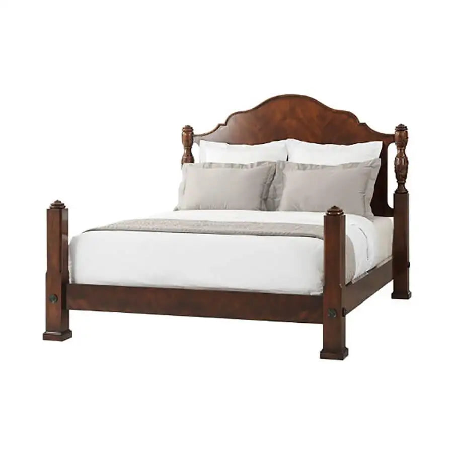 Wooden bed with white bedding on a white background