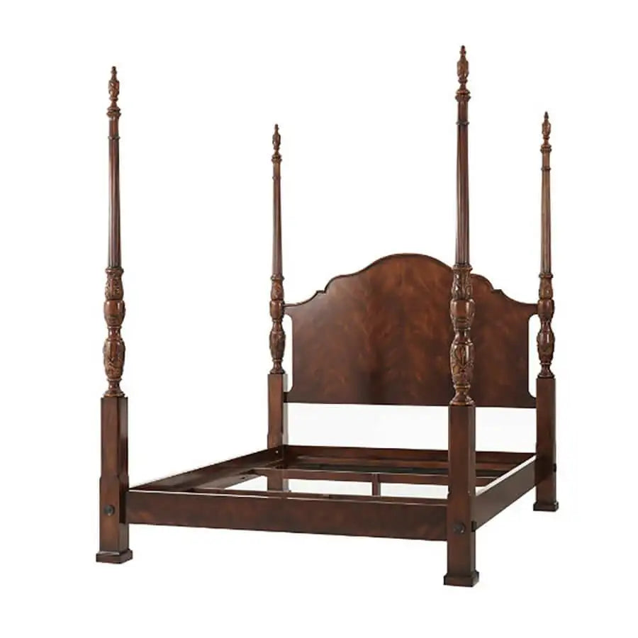 Wooden four-poster bed on a white background