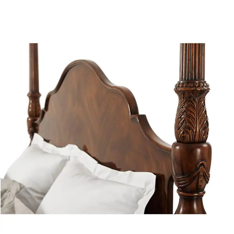 Wooden headboard with intricate carvings on a white background