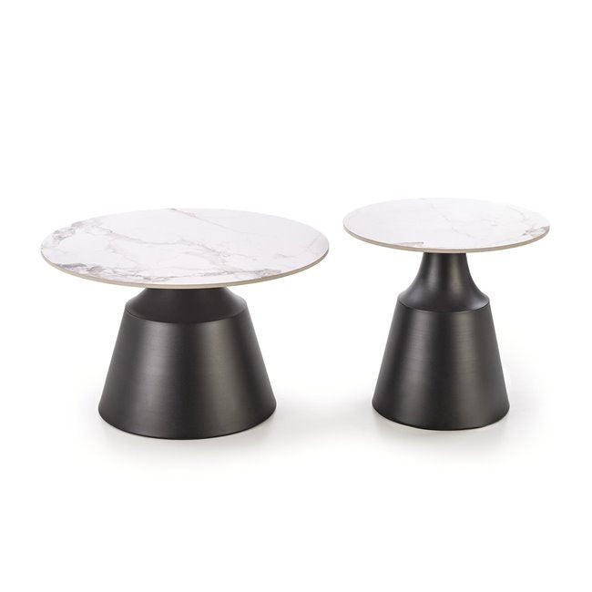 Hagneta Coffee Table Set – White Marble & Black Sintered Stone, Ø50×48 cm / Ø70×43 cm