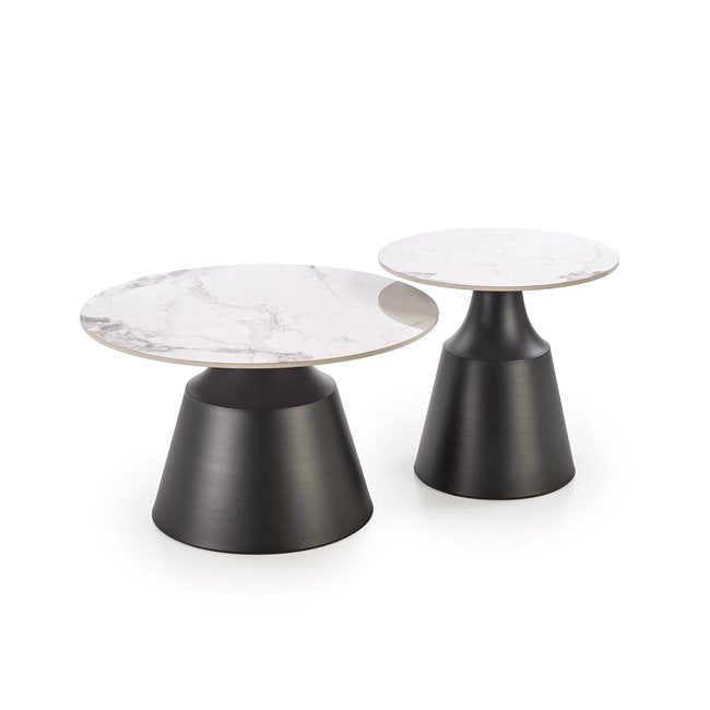 Hagneta Coffee Table Set – White Marble & Black Sintered Stone, Ø50×48 cm / Ø70×43 cm