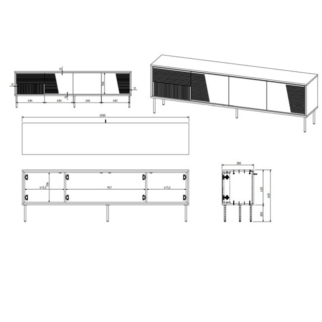 Habi TV Table – Black Chipboard & MDF, 200×38×62 cm