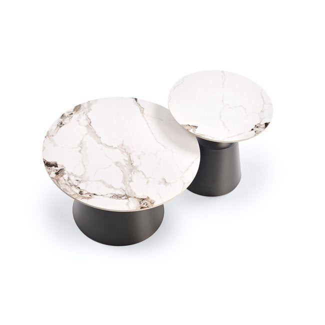 Hagneta Coffee Table Set – White Marble & Black Sintered Stone, Ø50×48 cm / Ø70×43 cm