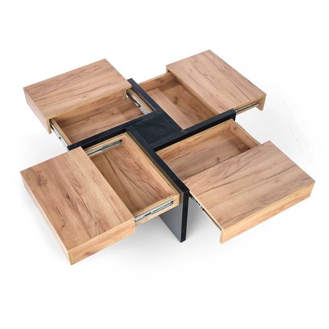 Hevilla Coffee Table – Oak Pattern & Black Chipboard, 100×100×47 cm