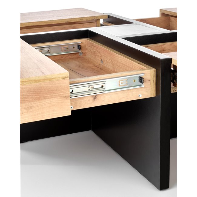Hevilla Coffee Table – Oak Pattern & Black Chipboard, 100×100×47 cm