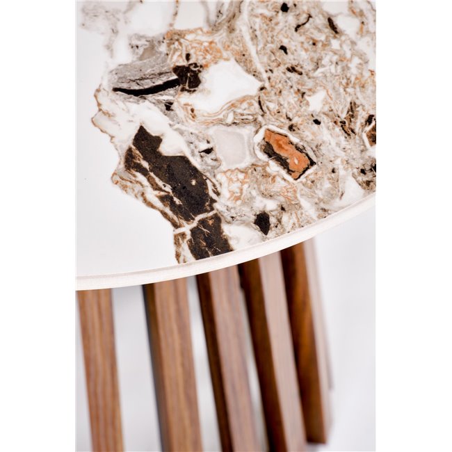 Harina Coffee Table – Beige Marble & Walnut Sintered Stone, Ø50×51 cm