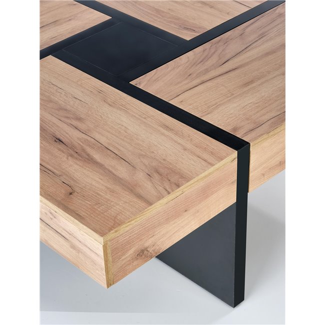 Hevilla Coffee Table – Oak Pattern & Black Chipboard, 100×100×47 cm
