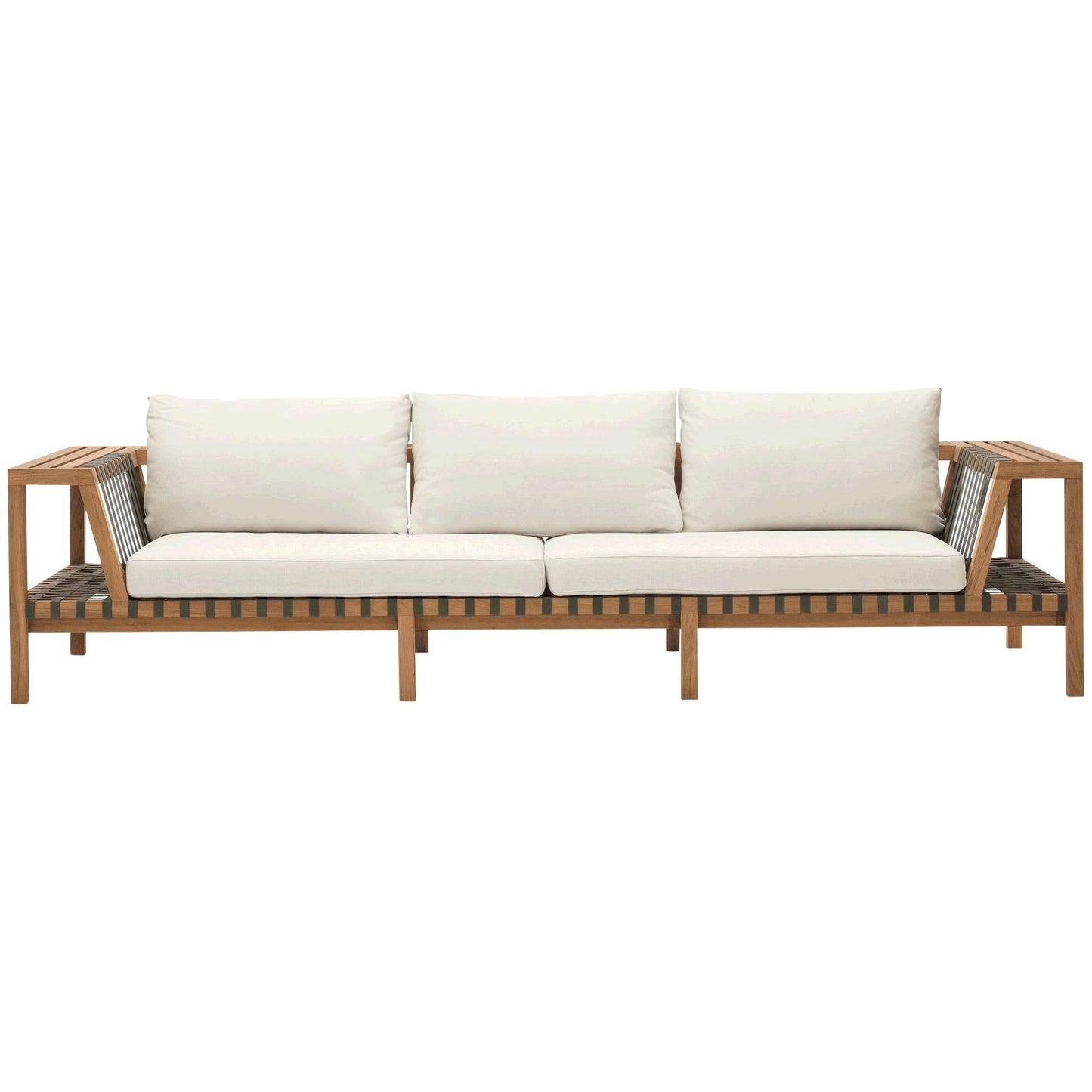 Wooden outdoor sofa with white cushions on a white background