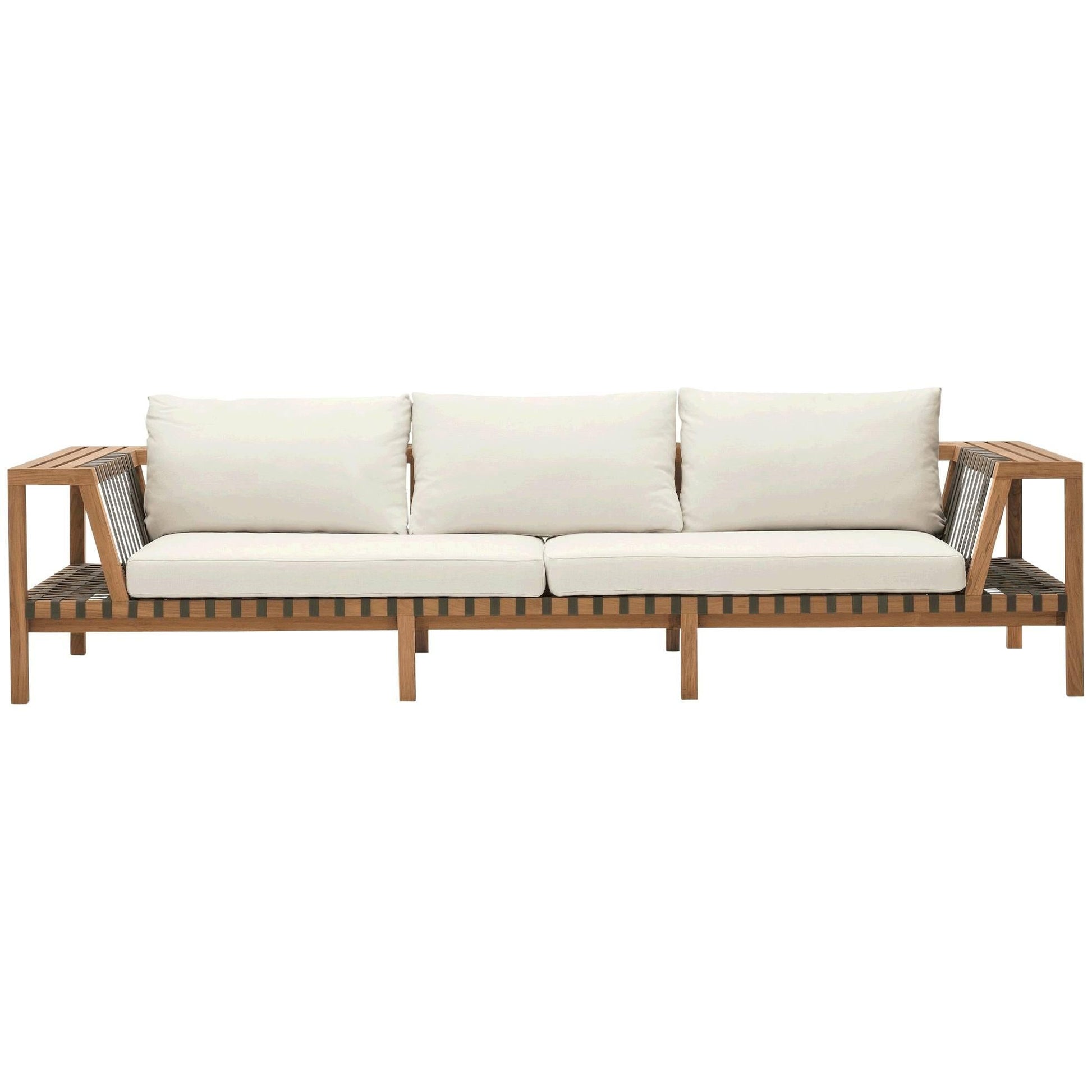 Wooden outdoor sofa with white cushions on a white background