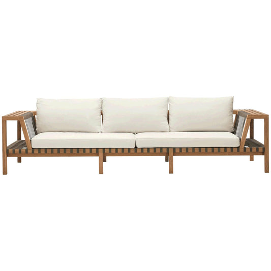 Wooden outdoor sofa with white cushions on a white background