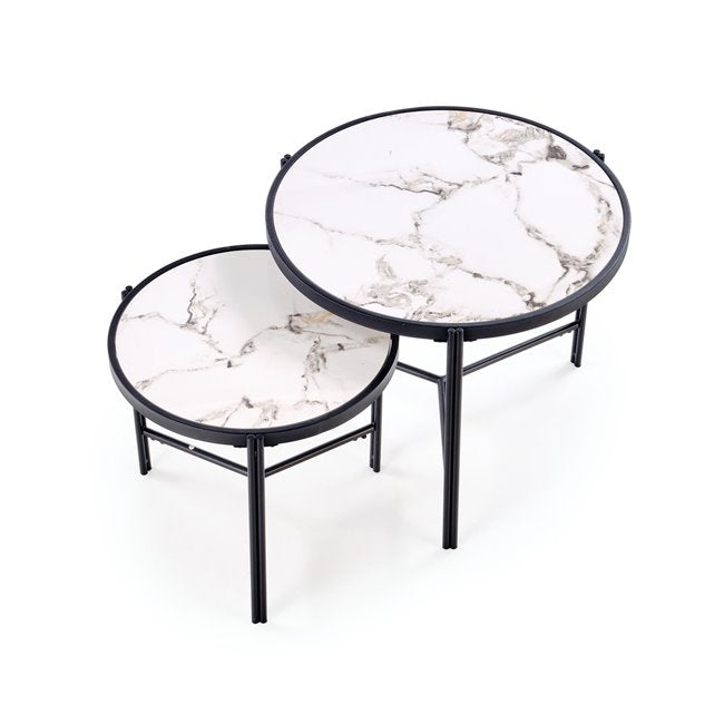 Hatima Coffee Table Set – White Marble & Black Sintered Stone, Ø63×50 cm / Ø48×43 cm