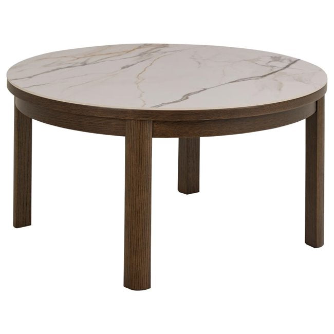 Authamp Coffee Table – Brown/Beige Marble Look, MDF & Oak Veneer, 90×90×45 cm